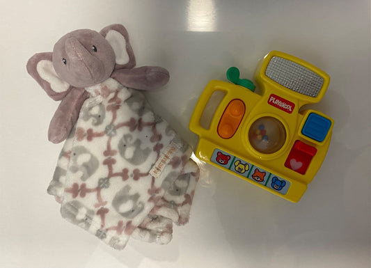 Vintage Playskool camera and plush elephant