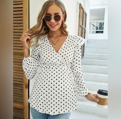 White polka dot pregnancy shirt, Maternity L (12-14)