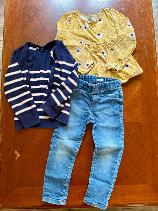 3 pcs Girls Jeans and Long Sleeve Outfit with Cardigan (Retails $48), Kids 4/4T