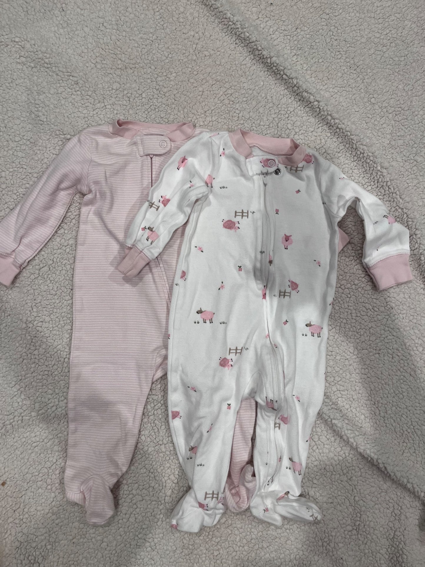 2 x carters sleepers (pink stripe, lamb) 9 mo, Kids 9 Month (6-9M)