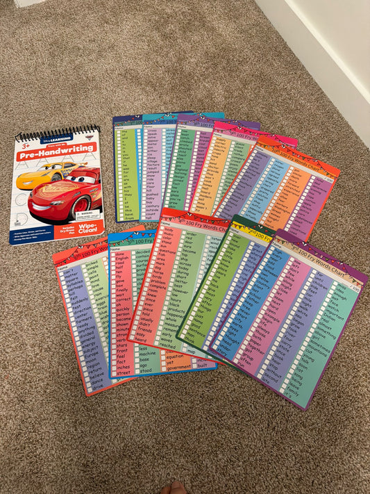 Cars wipe clean pre handwriting book and Fry word charts (x10)