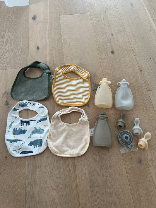 Baby silicone pouches & bibs bundle