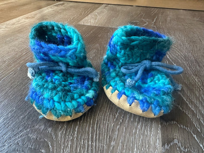 Knit Baby Booties/Slippers, Wool with Leather Soles, Shoes 0 (Baby: 0-12 mth)