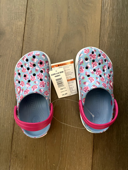 NWT Kids CROCS - Size  10/11 Blue/Pink Floral Pattern, Shoes 10 (Toddler:2-4yr)