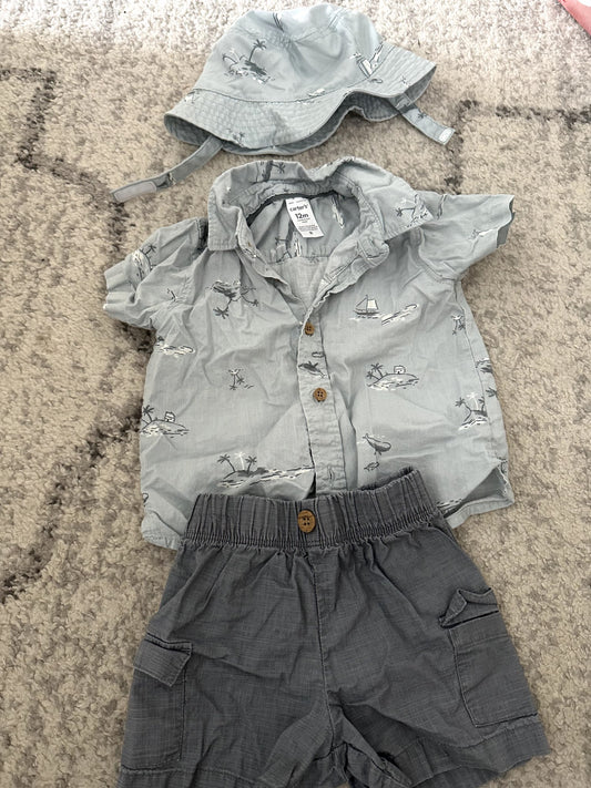 Carters Shorts, Shirt & Hat Set - Boy, 12M, Kids 12 Month (9-12M)