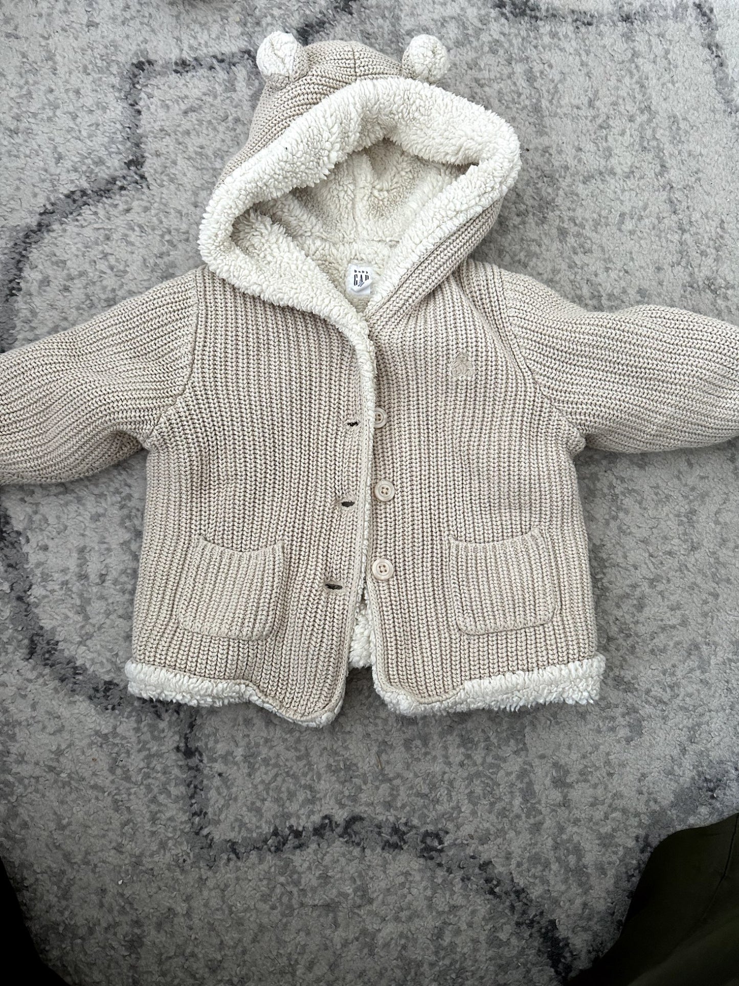 Baby Gap Beige and White Knit + Fuzzy Hoodie - 18-24M, Kids 24 Month (18-24M)