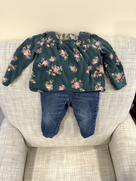 Long Sleeve Floral Shirt & Jeans, Green & Pink, OshKosh, 18M, Kids 18 Month (12-18M)
