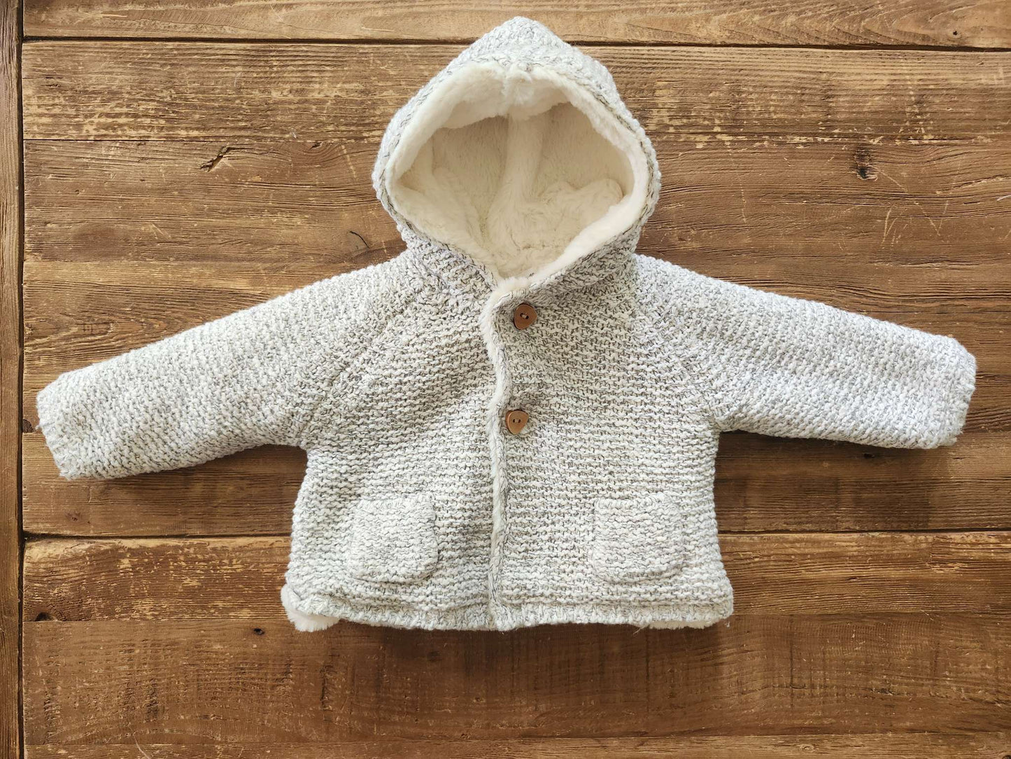Zara knit sherpa hooded sweater, grey, 3-6 months, like new, Kids 6 Month (3-6M)