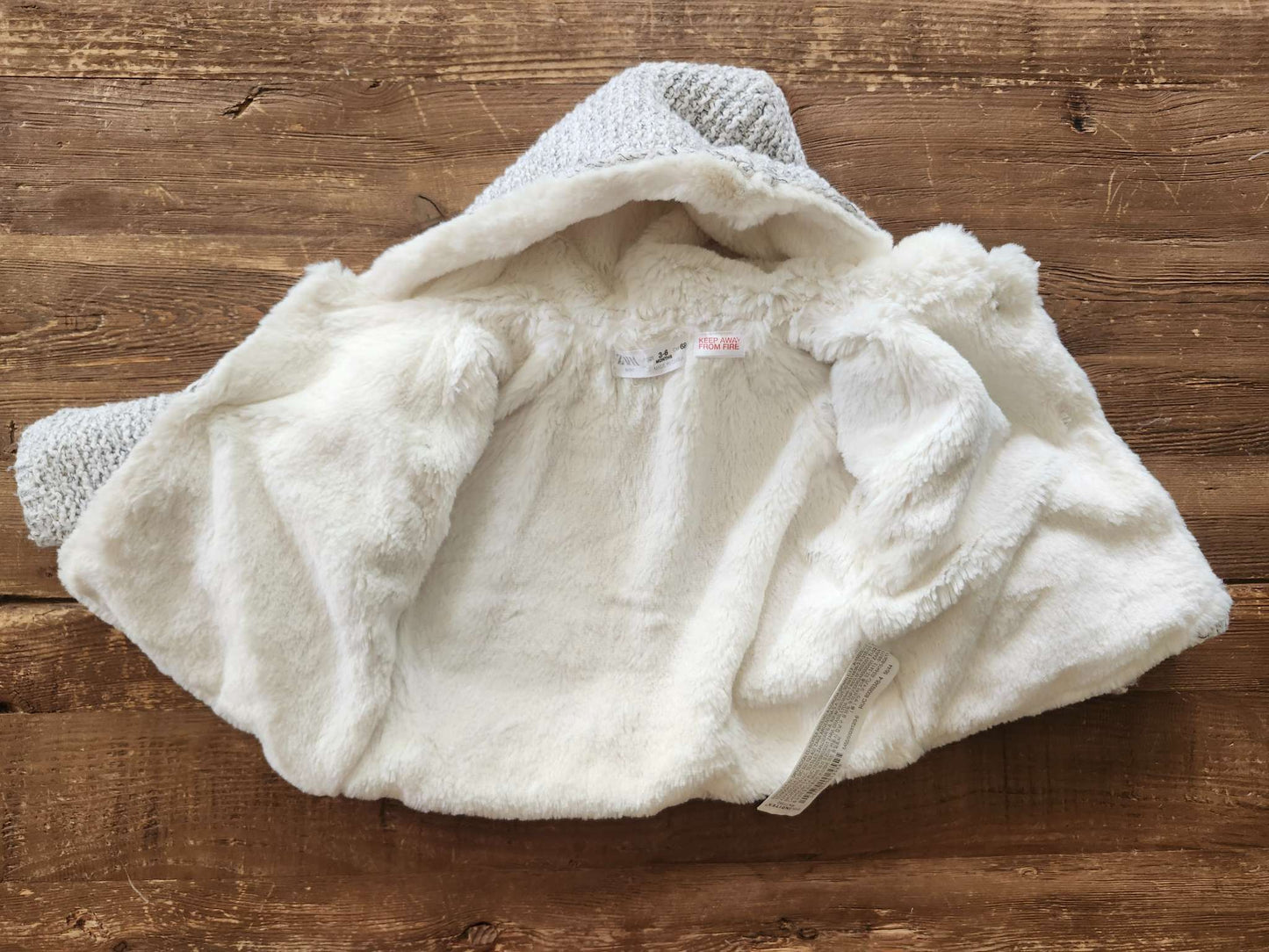 Zara knit sherpa hooded sweater, grey, 3-6 months, like new, Kids 6 Month (3-6M)