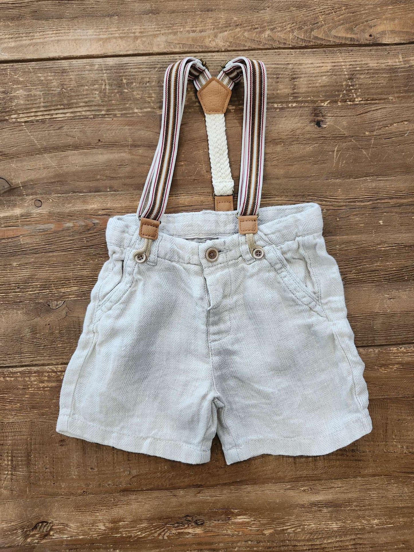 Zara linen suspender shorts, beige, 18-24M, EUC, Kids 24 Month (18-24M)