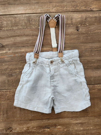 Zara linen suspender shorts, beige, 18-24M, EUC, Kids 24 Month (18-24M)