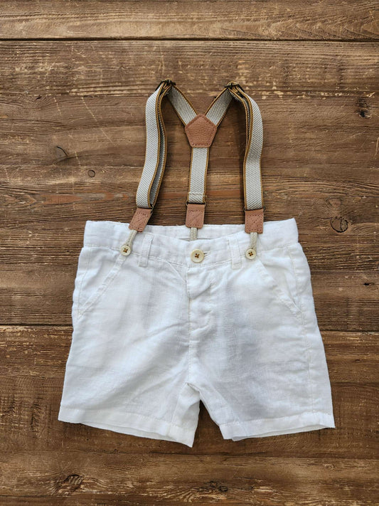 Zara linen suspender shorts, white, 6-9M, like new, Kids 9 Month (6-9M)