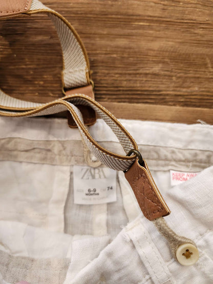 Zara linen suspender shorts, white, 6-9M, like new, Kids 9 Month (6-9M)