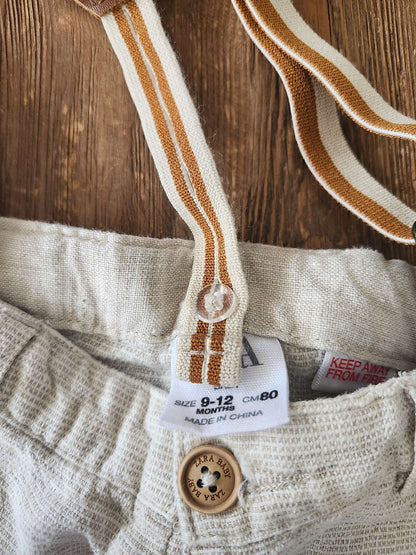 Zara linen blend suspender shorts, 9-12M, EUC, Kids 12 Month (9-12M)