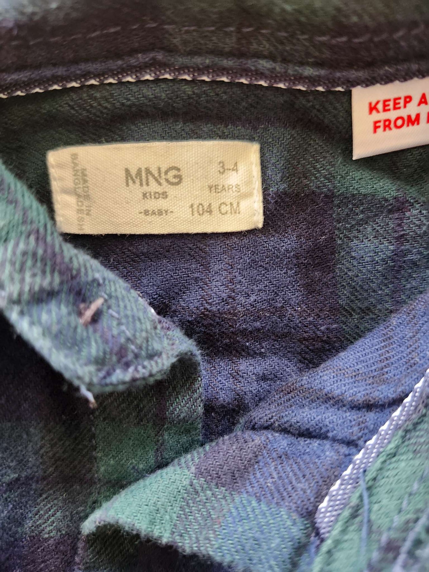 Mango green tartan button up shirt, 3-4T, Kids 3T