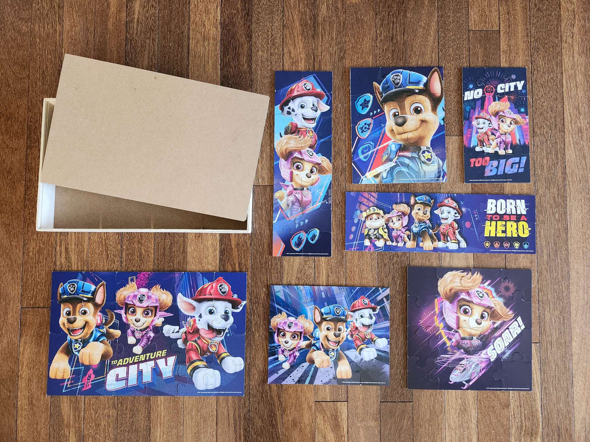 Paw Patrol puzzle (set of 7 puzzles, 12-24 pieces) with storage box