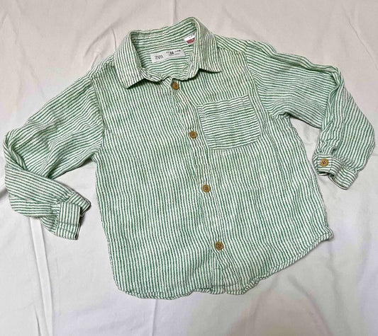 Zara Kids Green Striped Linen Button-Up Shirt – Size 4-5Y, Retail $30, Kids 4/4T