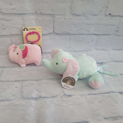 Carter's Soft Toy Bundle, Elephant Musical Pull Toy and Elephant Soft Crinkle Hanging Book, 0+, NEW