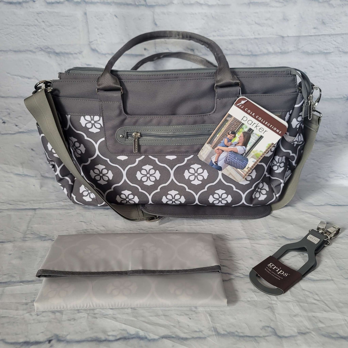 JJ Cole Parker Diaper Bag, Gray Floret, NEW
