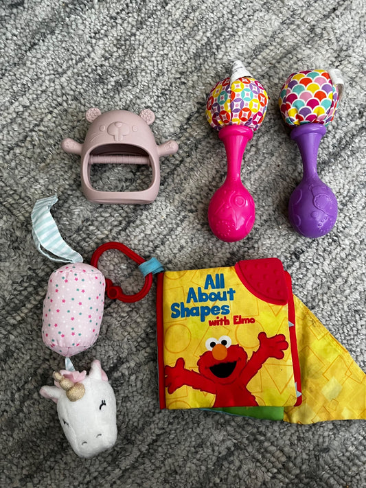 Baby toy bundle - rattles, book and teething mitt