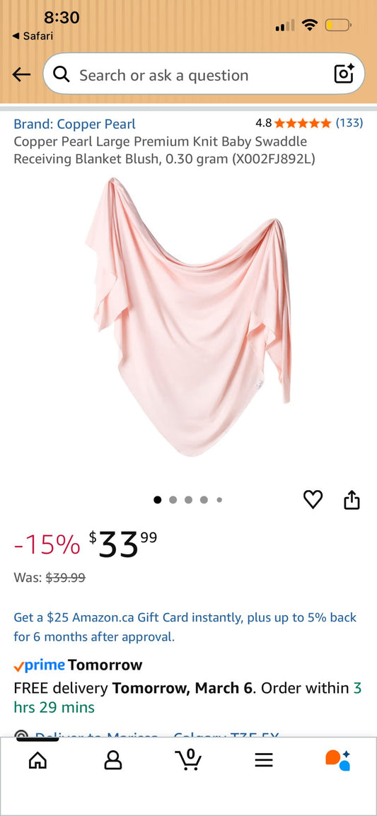 Copper Pearl Swaddle Blanket in Blush, Retails $39.99, 0-6 Months (Small)