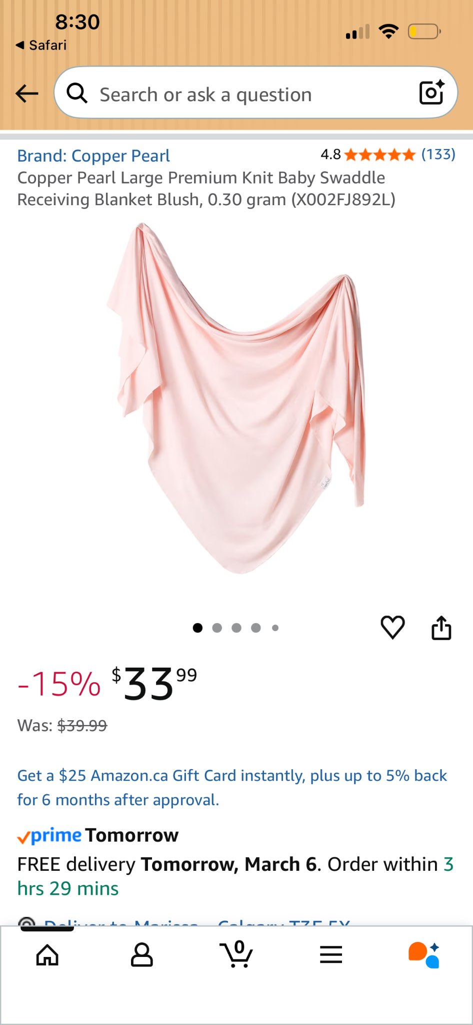 Copper Pearl Swaddle Blanket in Blush, Retails $39.99, 0-6 Months (Small)