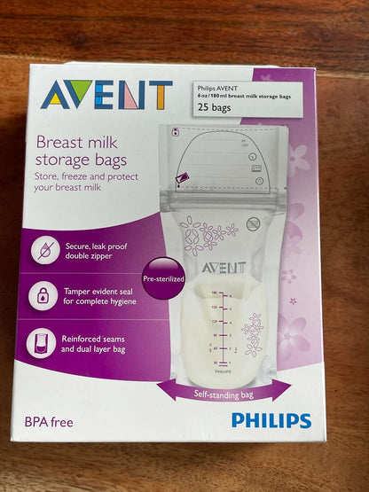 Set of 6 AVENT bottles and a NEW Unopened Box of Breast Milk Storage Bags