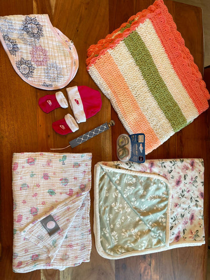 New/Never Used Girl Bundle - Blankets, Soothers, Soother/Teething Clip, NIKE Hat & Sock set, 0-3 Months (Newborn)