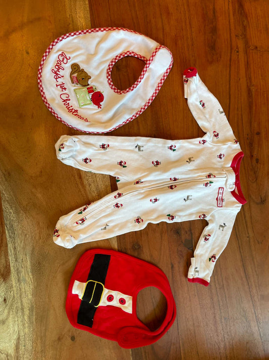 Baby's First Christmas Bundle - Sleeper and 2 Bibs, Kids Newborn