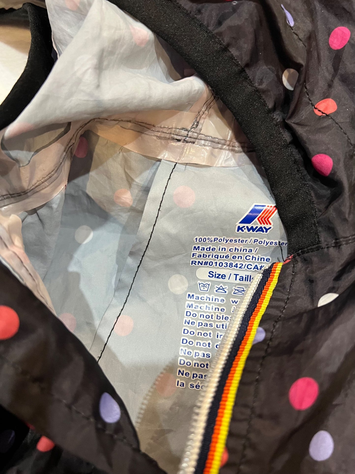 3T Kway portable rain jacket- black with polka dots, Kids 3T