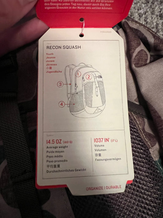 NEW- North face 17L recon squash youth backpack- camouflage