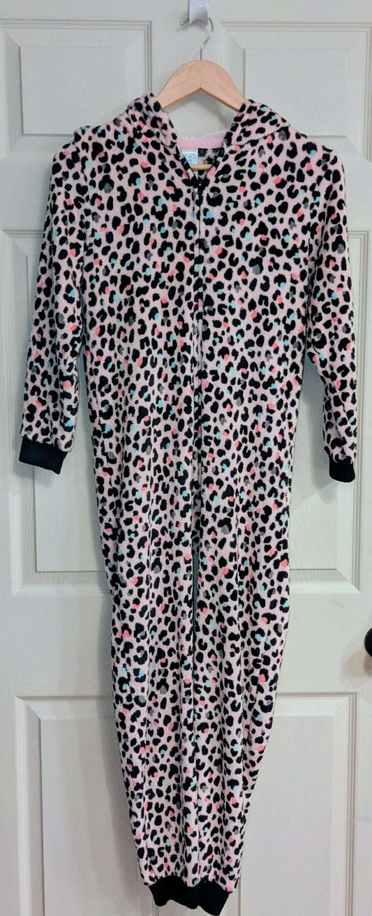 Girls Leopard One Piece Pajamas/Onesie - Cozy Fleece - Pink. Retail $52.95, Kids 12 & 14 (large)