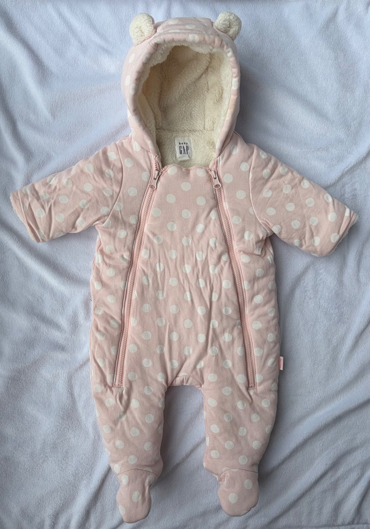 Baby Gap Pink Polka Dot Fleece-Lined Bear Pram Suit / Snowsuit, Kids 3 Month (0-3M)