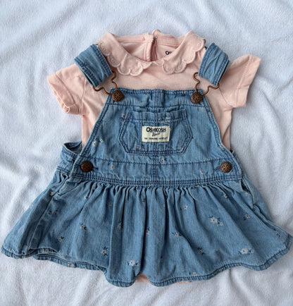 Two Piece Spring Denim Overall Dress and Short Sleeve Onsie, Kids 3 Month (0-3M)