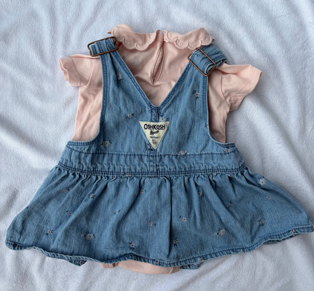 Two Piece Spring Denim Overall Dress and Short Sleeve Onsie, Kids 3 Month (0-3M)