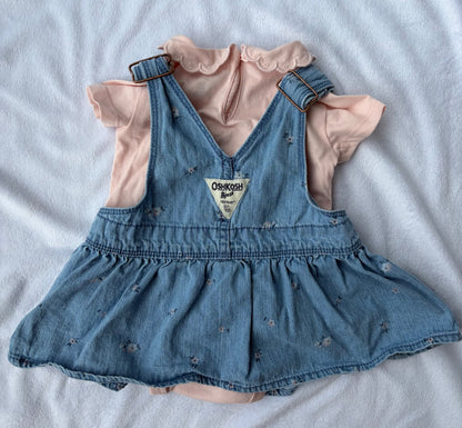 Two Piece Spring Denim Overall Dress and Short Sleeve Onsie, Kids 3 Month (0-3M)