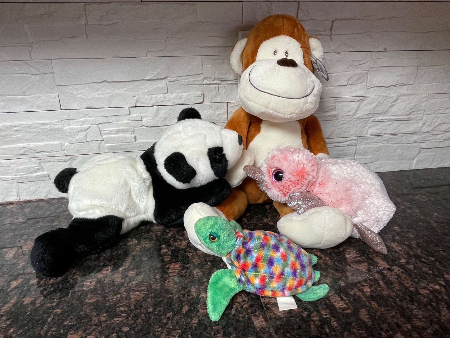 4 Plush Toy Bundle – Monkey, Panda, Turtle & Pink Platypus | Kids Stuffed Animals