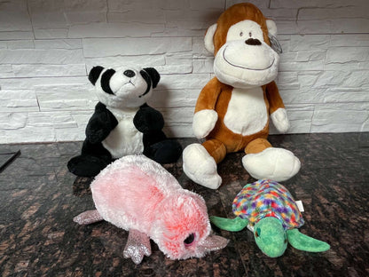 4 Plush Toy Bundle – Monkey, Panda, Turtle & Pink Platypus | Kids Stuffed Animals