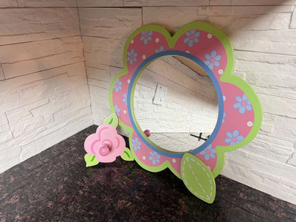 Kids Flower Mirror with Hook – Cute Wall Décor (Pink & Green)