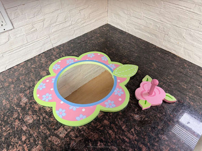 Kids Flower Mirror with Hook – Cute Wall Décor (Pink & Green)