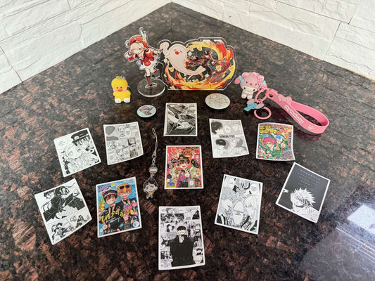 Anime Merch Bundle – Figures, Acrylic Stands, Keychains, Cards & Accessories