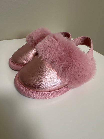 Pink metallic and fur slippers size 5/6, Shoes 5 (Walkers:12-24 mth)