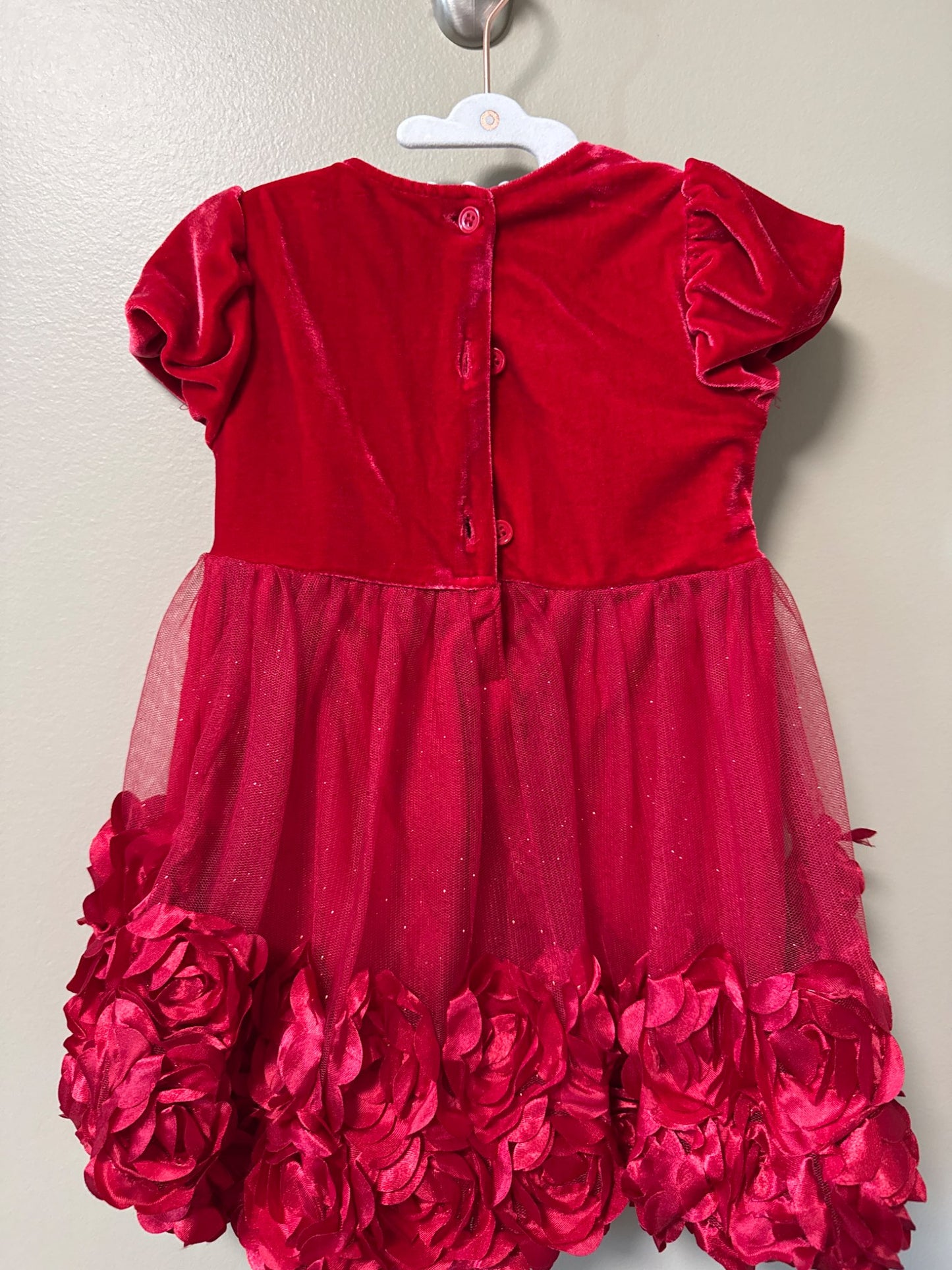 Red velvet Christmas dress with floral appliqué 2T, Kids 2T