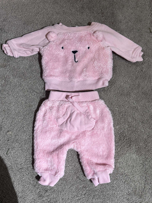 Fuzzy Pink Bear Sweatsuit, Kids 3 Month (0-3M)