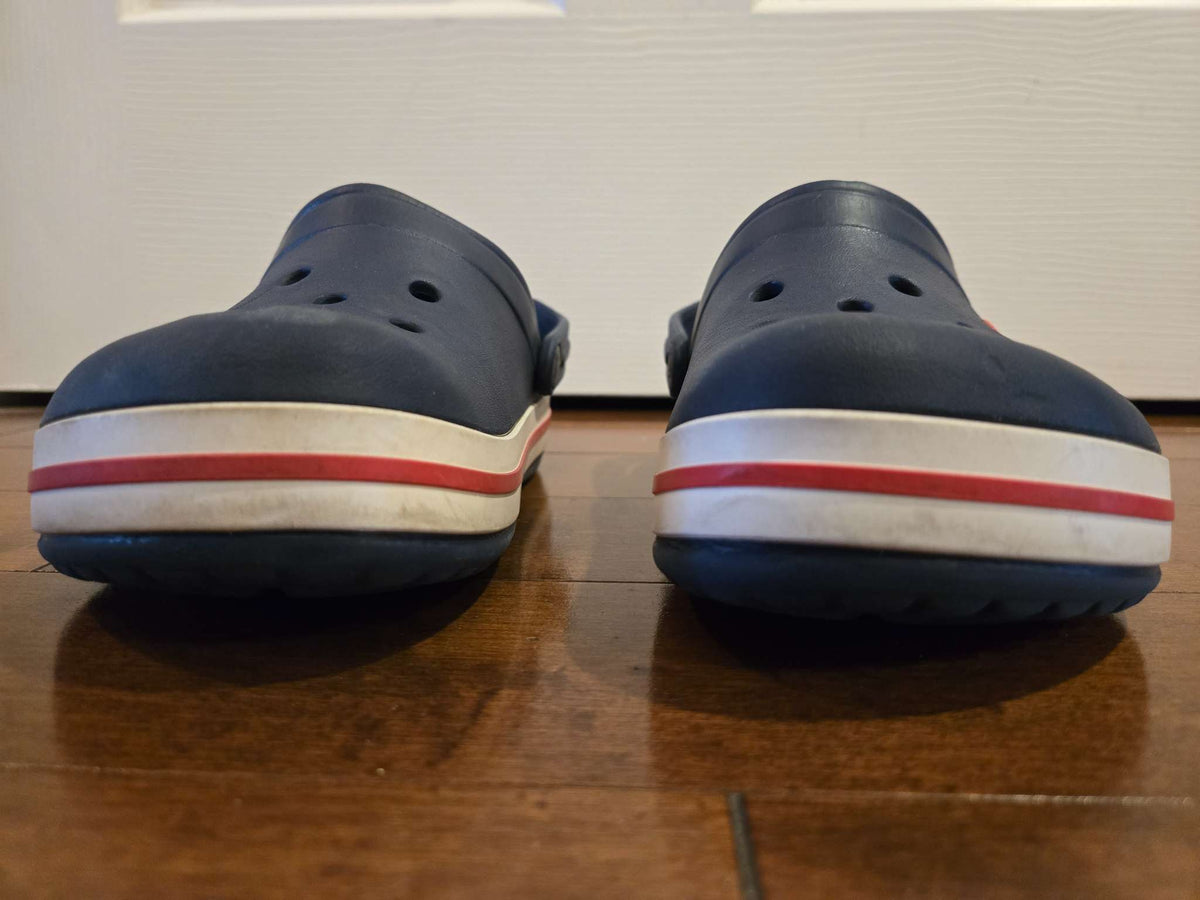 Crocs kids' Crocband clogs (Navy+red stripe) - RRP $50, Shoes 3 (Kids:4-8yr)