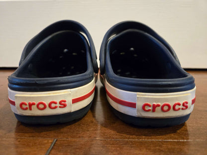 Crocs kids' Crocband clogs (Navy+red stripe) - RRP $50, Shoes 3 (Kids:4-8yr)