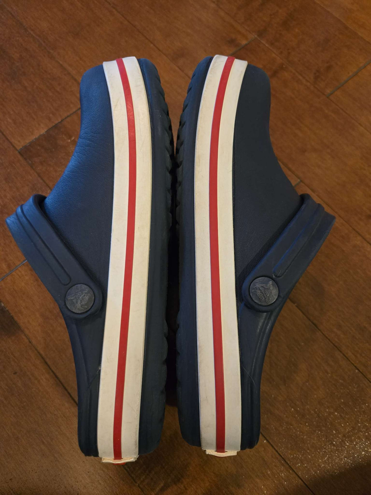 Crocs kids' Crocband clogs (Navy+red stripe) - RRP $50, Shoes 3 (Kids:4-8yr)
