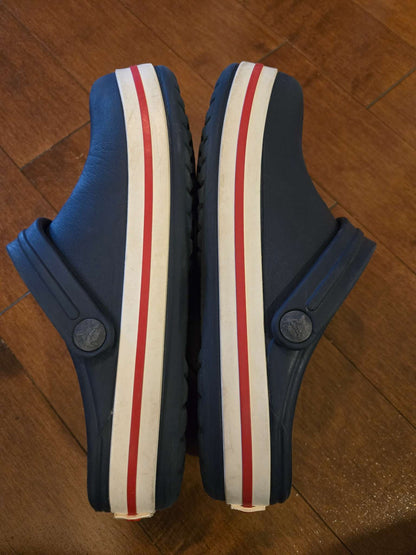 Crocs kids' Crocband clogs (Navy+red stripe) - RRP $50, Shoes 3 (Kids:4-8yr)