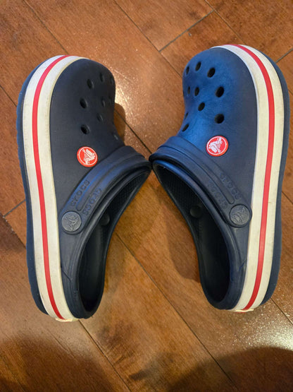 Crocs kids' Crocband clogs (Navy+red stripe) - RRP $50, Shoes 3 (Kids:4-8yr)