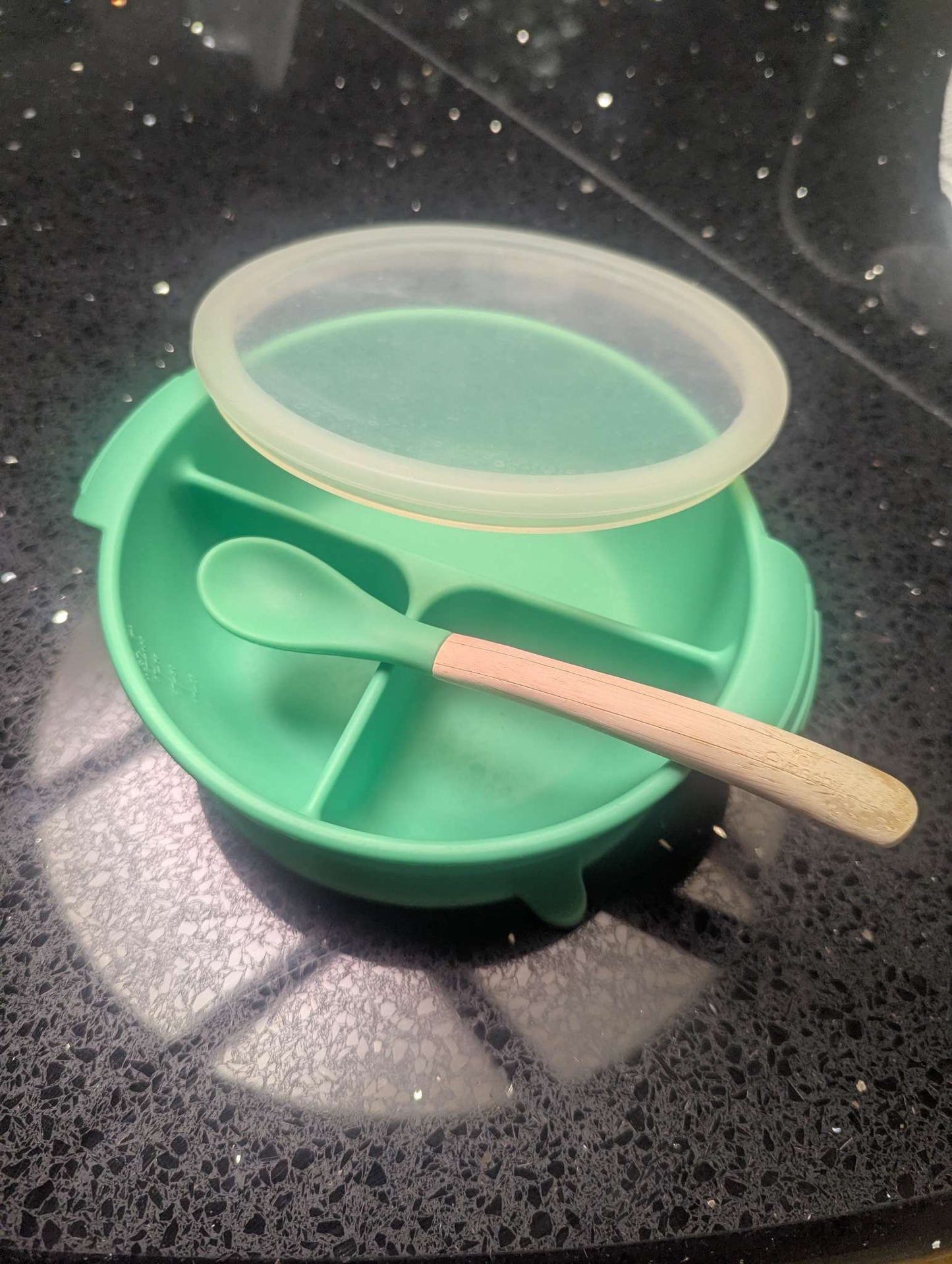 Avanchy suction plate and spoon, sage green, retails for USD$45